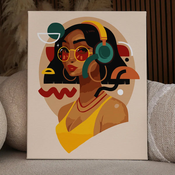 Stylized portrait of a confident woman wearing headphones and sunglasses
