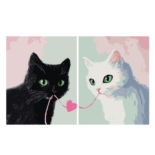 Painting of a black and white cat connected by heart string