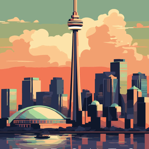 Colorful painting of Toronto skyline featuring CN Tower at sunset