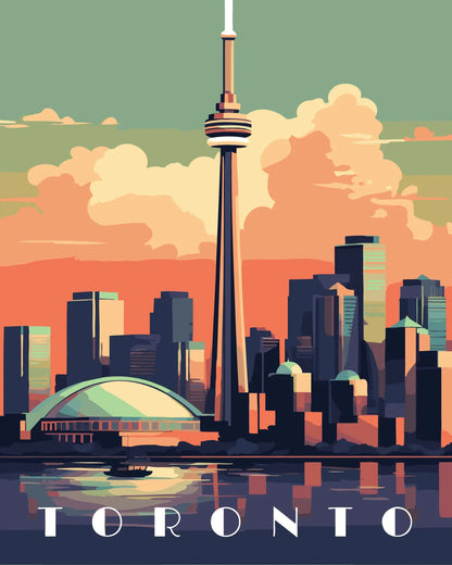 Colorful painting of Toronto skyline featuring CN Tower at sunset