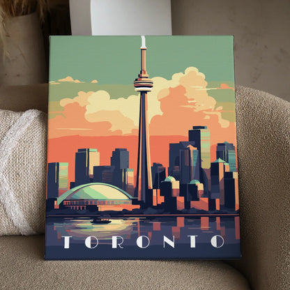 Colorful painting of Toronto skyline featuring CN Tower at sunset