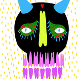 Black skull with neon blue horns, green eyelids, purple teeth, and a lime nose on a dotted yellow-white background – quirky paint by numbers art.
