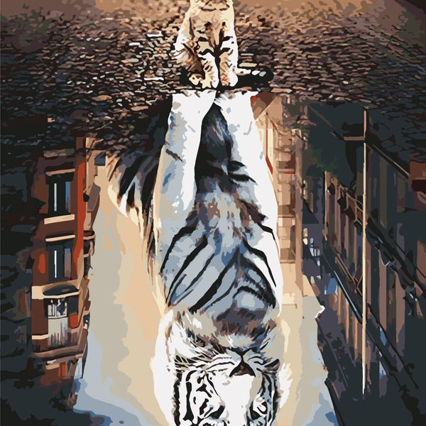 Stylized painting of a cat with a tiger reflection on water