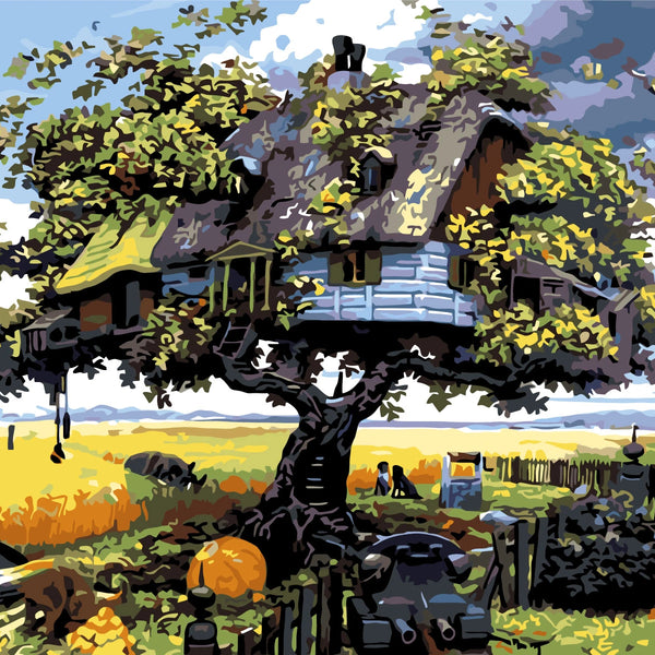 Stylized painting of a whimsical treehouse in a rural landscape