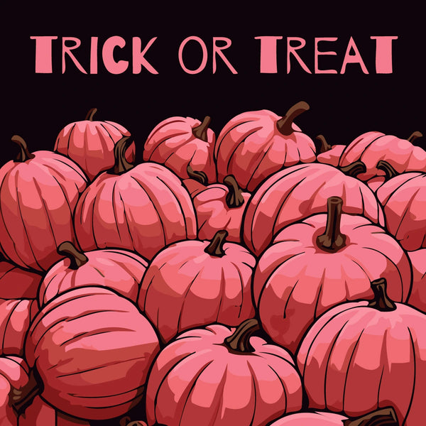 Halloween-themed painting of pink pumpkins with "Trick or Treat" text