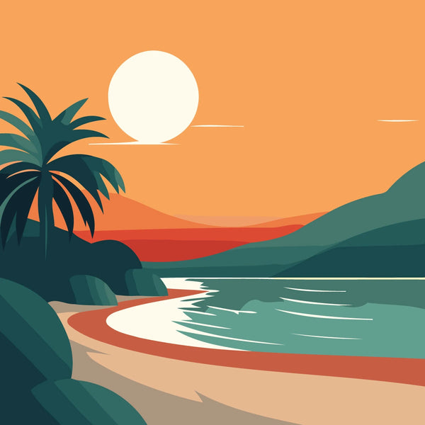 Minimalist tropical beach painting with palm trees and sunset scenery