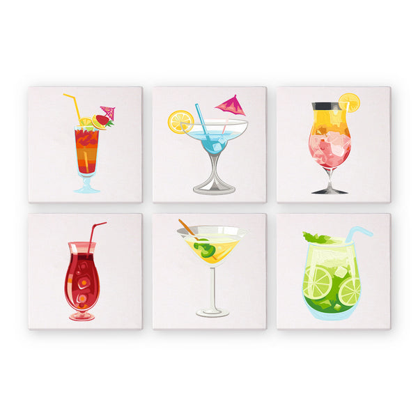 Tropical Cheers Paint by Numbers Kit featuring a set of 6 vibrant cocktail-themed mini-canvases. Colorful drinks in refreshing designs by Artspark.