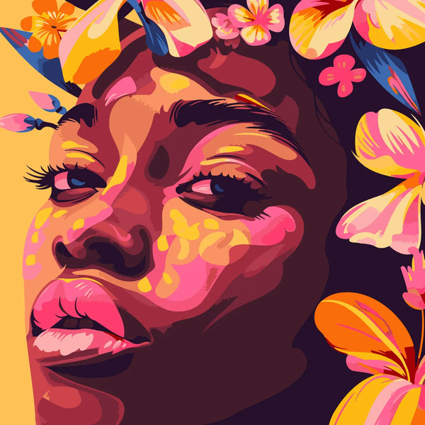 Vibrant portrait painting of a woman with colorful tropical flowers