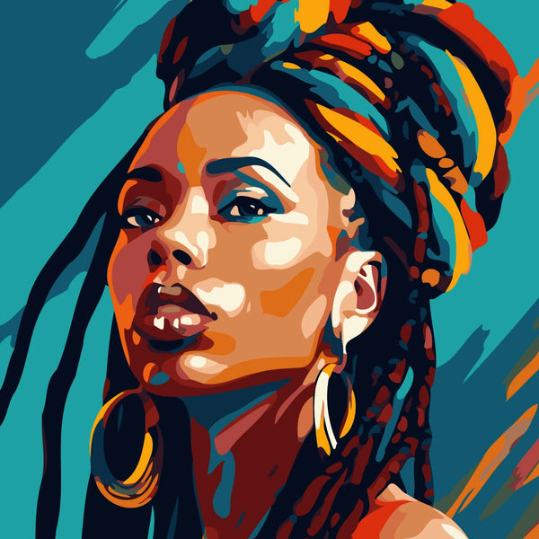 Bold portrait painting of a woman with colorful headwrap and earrings
