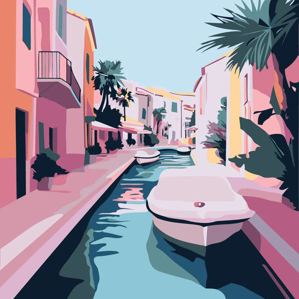 Colorful painting of a scenic canal with boats and palm trees