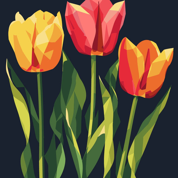 Colorful tulip painting with geometric shapes on a dark background