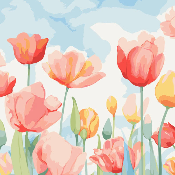 Soft pastel painting of blooming tulips against a blue sky