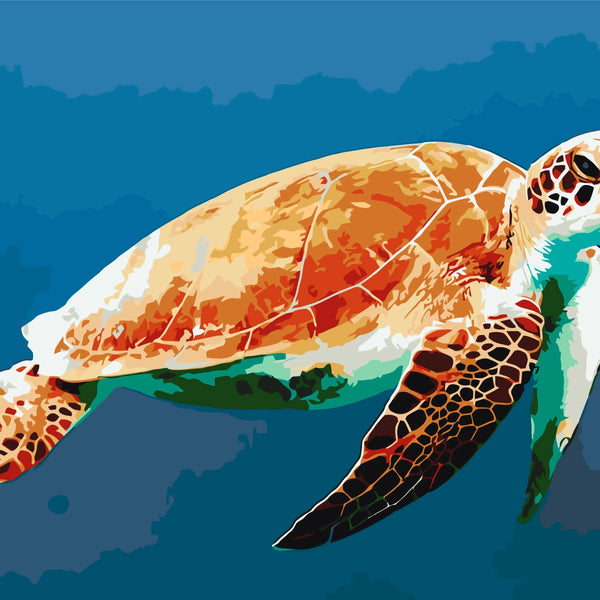 Stylized painting of a sea turtle swimming in the ocean