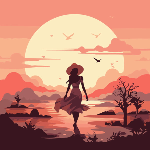 Silhouette of a woman walking towards a sunset over water