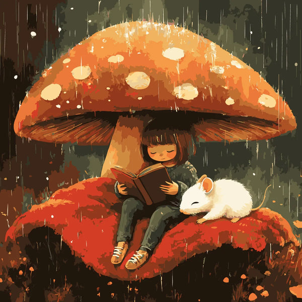 Whimsical painting of a girl reading under a giant mushroom