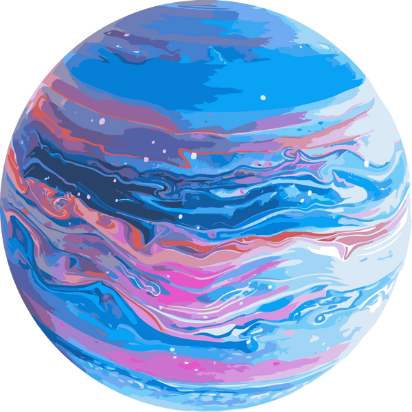 Abstract painting of a colorful planet with swirling blue patterns
