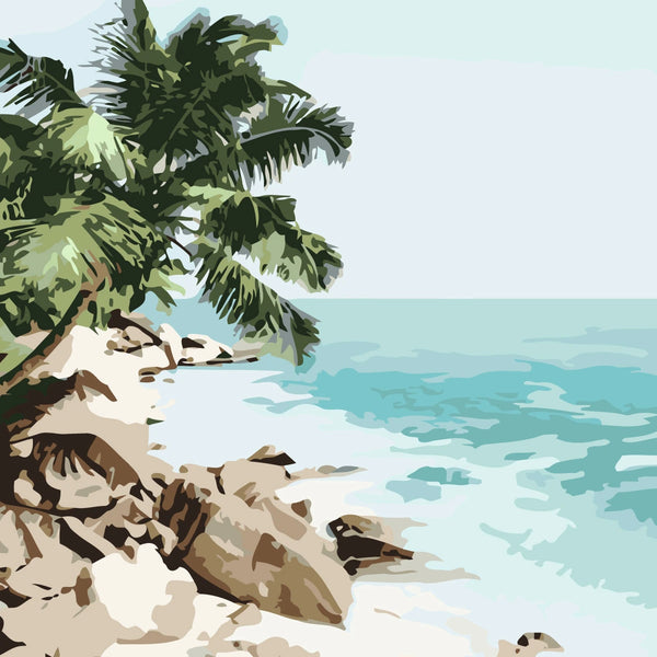 Stylized painting of a tropical beach with palm trees and ocean