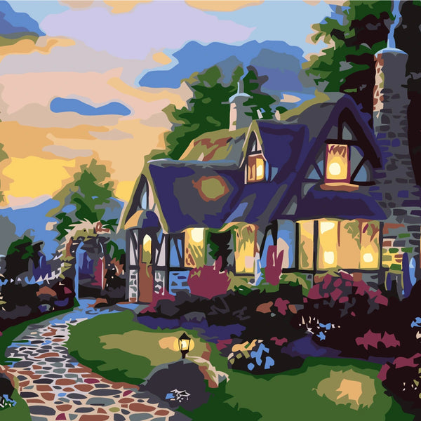 Stylized painting of a cozy cottage with glowing lights at sunset