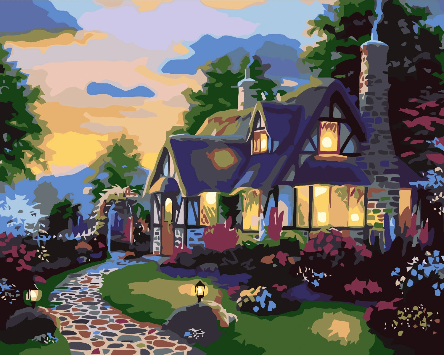 Stylized painting of a cozy cottage with glowing lights at sunset
