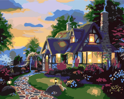 Stylized painting of a cozy cottage with glowing lights at sunset
