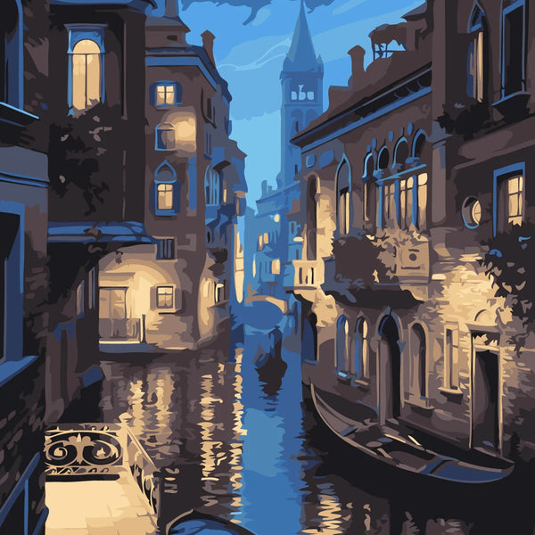 Romantic painting of a Venetian canal at night with gondolas