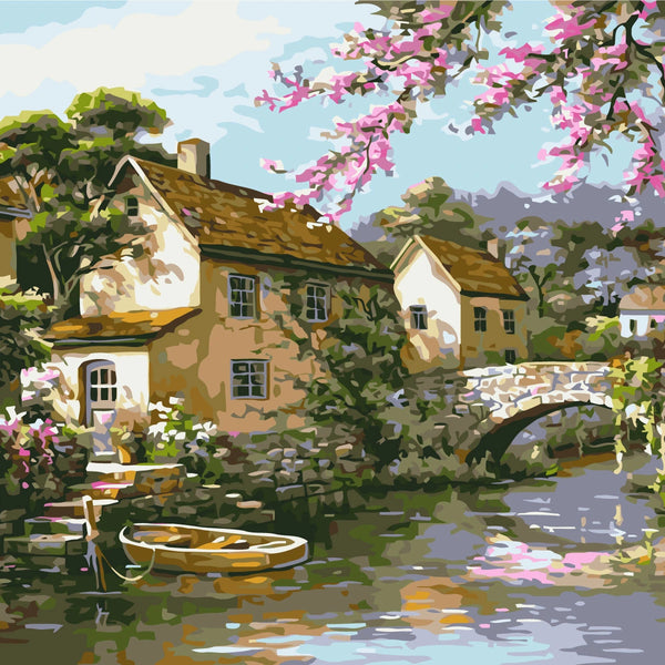 Stylized painting of a charming riverside village with a stone bridge