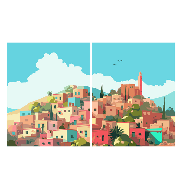Colorful hillside town painting with pastel buildings and blue sky