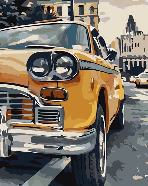 Stylized painting of a vintage yellow taxi in a cityscape