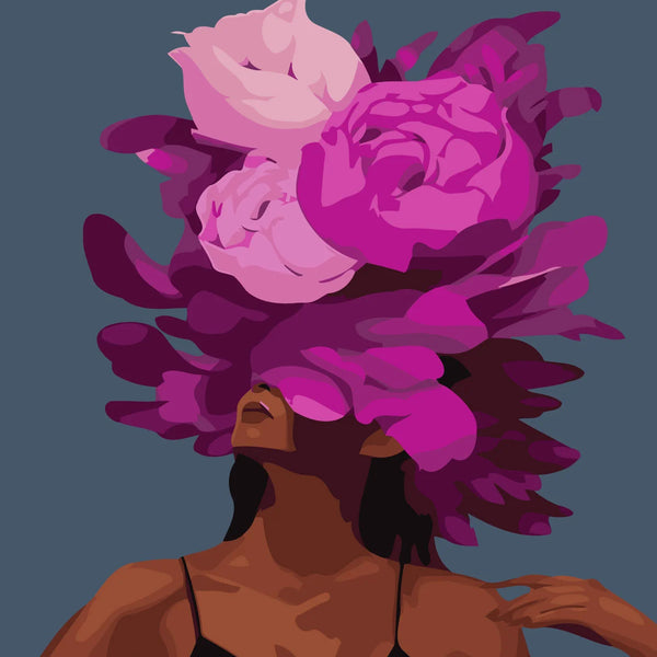 Surreal painting of a woman with vibrant flowers as hair