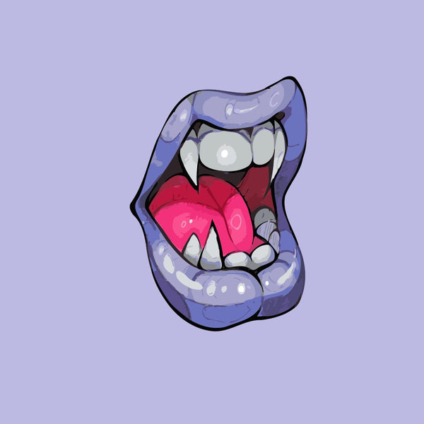 Stylized open mouth with glossy purple lips, vampire fangs, and pink tongue on a lilac background, designed by Kalinina for the Violet Roar paint by numbers kit.
