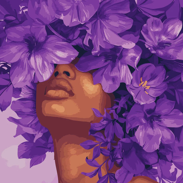 Woman with purple flowers covering her eyes in a surreal painting