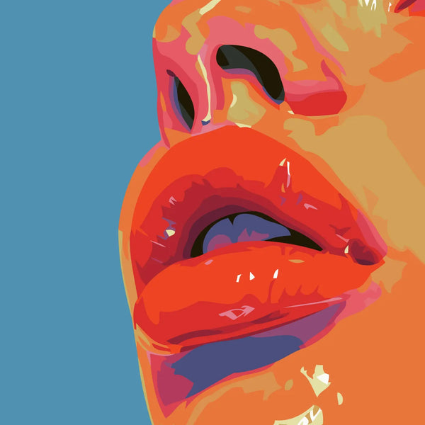 Vibrant abstract painting of glossy red lips on blue background