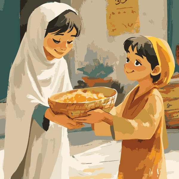 Two children share a basket of food with warm smiles, symbolizing kindness, generosity, and the spirit of giving, set in a peaceful and traditional setting.