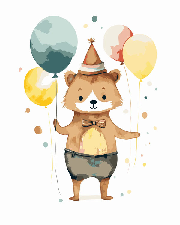 Cute bear in party hat holding colorful balloons in watercolor style