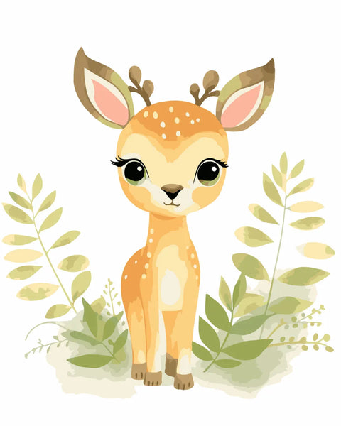 Cute watercolor painting of a baby deer surrounded by greenery