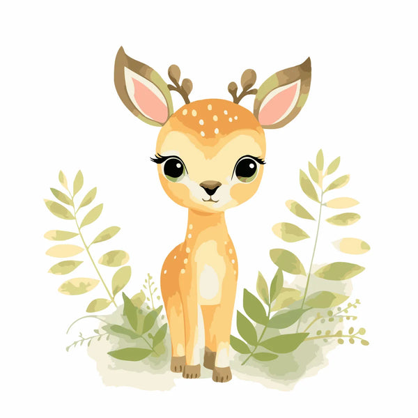 Cute watercolor painting of a baby deer surrounded by greenery