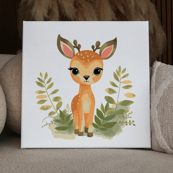 Cute watercolor painting of a baby deer surrounded by greenery