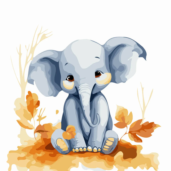Adorable watercolor painting of a baby elephant sitting with autumn leaves