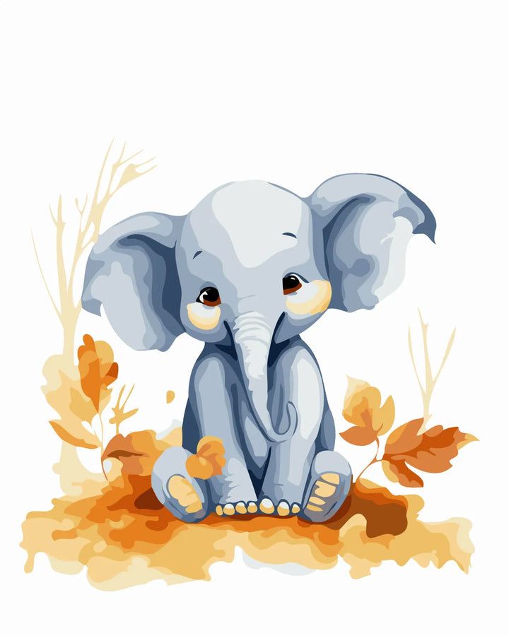 Adorable watercolor painting of a baby elephant sitting with autumn leaves