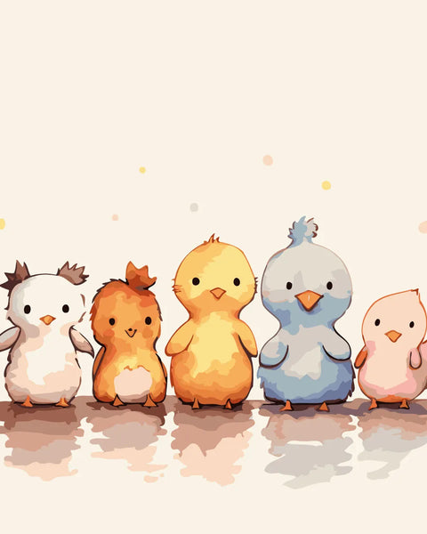 Cute watercolor painting of five baby birds standing together happily
