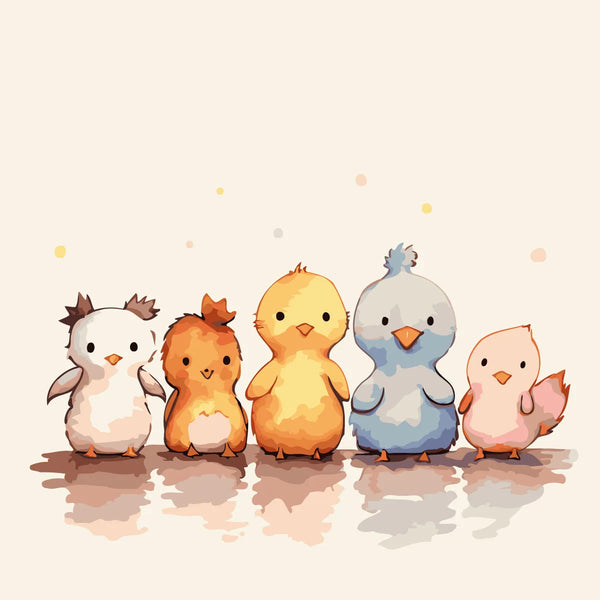 Cute watercolor painting of five baby birds standing together happily