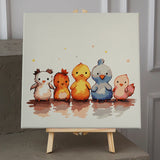 Cute watercolor painting of five baby birds standing together happily