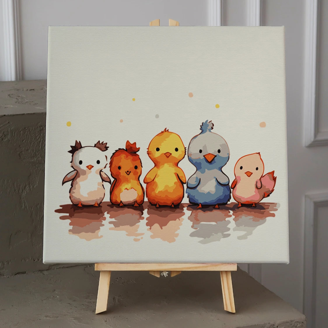 Cute watercolor painting of five baby birds standing together happily