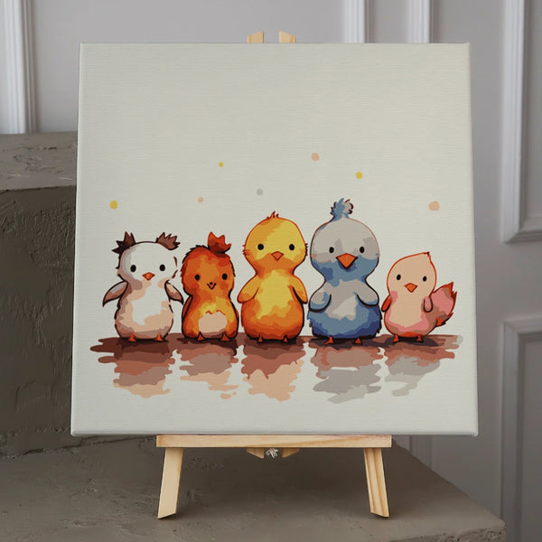 Cute watercolor painting of five baby birds standing together happily