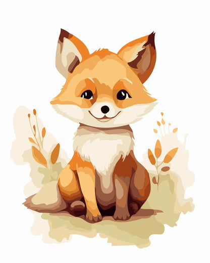 Adorable watercolor painting of a smiling fox sitting in nature