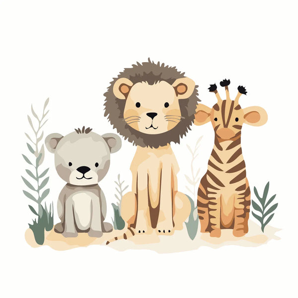 Cute watercolor painting of a lion, bear, and giraffe together