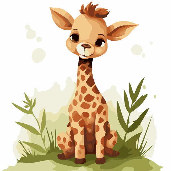 Adorable watercolor painting of a baby giraffe sitting in grass