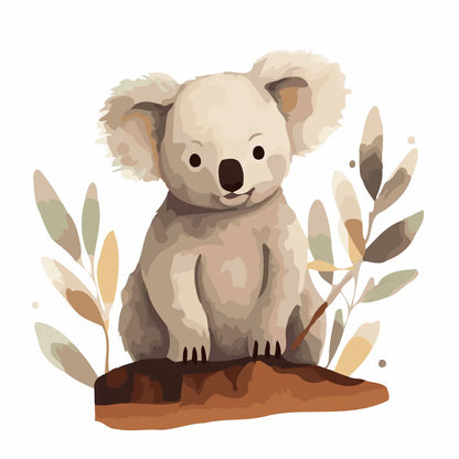 Cute watercolor painting of a baby koala sitting on a log