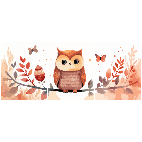 Watercolor painting of a cute owl on a branch with butterflies