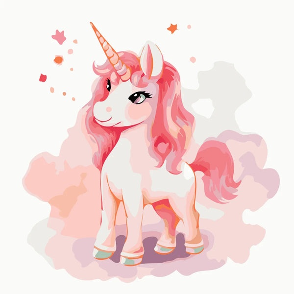 Watercolor painting of a pink unicorn with a flowing mane